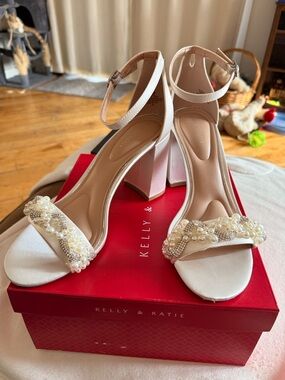 Kelly & Katie Ivory Pearl & Bead Embellished Ankle-Strap Block Heels